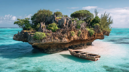 An island is situated in the middle of the turquoise ocean, with a rustic boat on its sandy shore. Lush green vegetation covers the island, contrasting with the clear blue sky. The scene is bathed in sunlight, creating a sense of peace, suitable for travel and tourism imagery.の素材