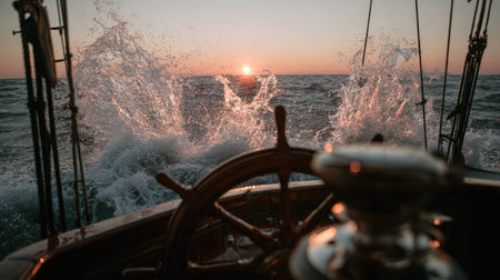 A wooden vessel's helm is in the foreground, with the vast ocean and splashing waves behind. The warm sunset illuminates the scene with golden hues, creating a dynamic composition. This image could be used for editorial purposes and illustrate concepts like travel, adventure, or maritime themes.の素材