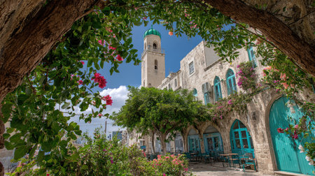 This image showcases historical buildings with a prominent tower, framed by lush greenery and flowers. The architecture features arches and windows, complemented by vibrant turquoise accents. The composition utilizes natural light under a bright blue sky, creating a picturesque scene suitable for travel, architecture, or background purposes.の素材