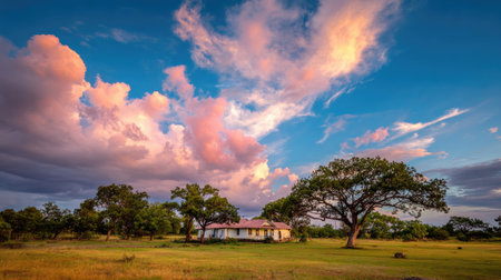 A picturesque outdoor scene features a building framed by lush trees and a vast field beneath a dramatic sky. The image highlights a range of colors, from the deep blues of the sky to the green of the trees. This composition and lighting can be suitable for illustrating various concepts, from travel to nature.の素材