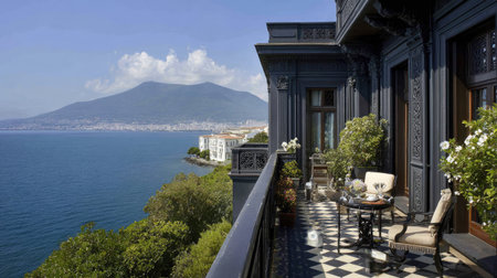A balcony overlooks a vast expanse of water and a distant mountain range under a bright blue sky. The balcony features a checkered floor and ornate furniture. The scene is lit by daylight. This image could be used for travel, tourism, or lifestyle content.の素材