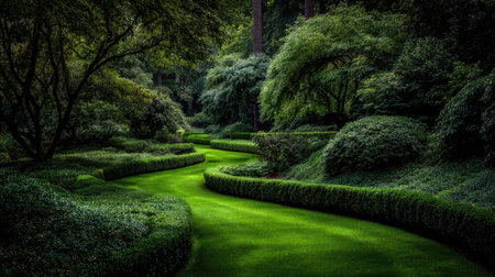 A vibrant green lawn meanders through a densely vegetated garden, lined with manicured hedges. The scene is illuminated with natural sunlight, creating a contrast between the bright path and the deep green foliage. This image could be used for various editorial and commercial projects.の素材