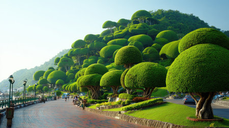 An eye-level outdoor shot showcases a hillside densely covered with meticulously trimmed trees. Their round, vibrant green foliage contrasts with the surrounding environment. A walkway and pathway run alongside the hillside, while gentle lighting accentuates the scene. The image is suitable for landscape, travel, or environmental projects.の素材