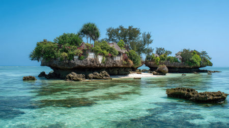 A scenic view showcases small islands in the ocean, featuring lush green vegetation atop rocky formations. The turquoise water reflects sunlight under a clear blue sky. The composition and lighting are suitable for travel, environmental, or tourism-related visuals, suitable for various creative projects.の素材