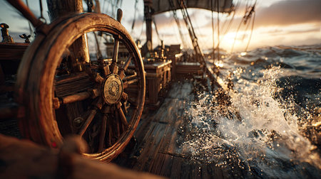 A detailed perspective showcases a wooden ship's wheel, emphasizing the vessel navigating turbulent ocean waters. The scene features crashing waves illuminated by a golden sunset, with warm light reflecting on the wooden deck. This image is suited for illustrating themes of travel, adventure, or historical contexts, offering diverse commercial applications.の素材