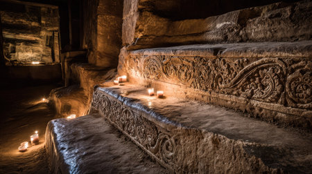 Ancient stone steps are featured in this low-light interior shot. The scene is illuminated by multiple candles, creating a warm glow across the textured stone surface. The composition focuses on the carved details of the stairs and the ambient lighting within an aged, historical building, suitable for various editorial uses.の素材