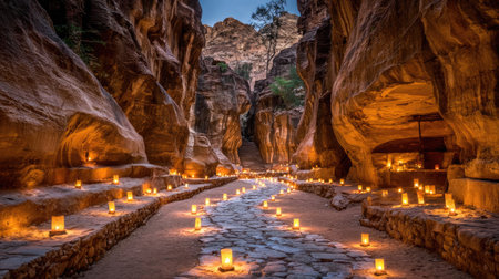 A stone pathway winds through a narrow canyon, flanked by towering rock formations. Numerous candles illuminate the path, casting a warm glow on the surrounding rock surfaces. The scene depicts a natural environment, likely at twilight or night. Suitable for various commercial and editorial uses.の素材