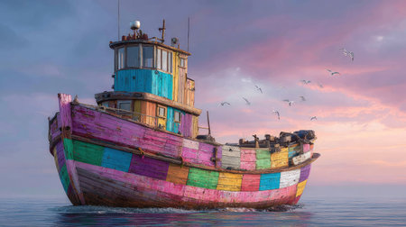 A multi-colored boat, composed of various rectangular panels, floats peacefully on the water under a softly lit, cloudy sky. The image showcases a range of pastel colors and textures. This tranquil scene could be used for various creative projects, including illustrations, advertisements, or editorial content.の素材