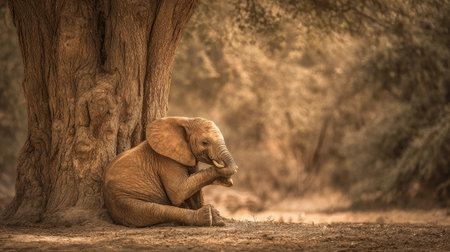 A young elephant is seated near a large tree. The scene has warm tones, possibly late afternoon, with a soft focus effect. The trunk and surrounding foliage suggest a natural environment. This image could be suitable for various editorial and commercial applications.の素材