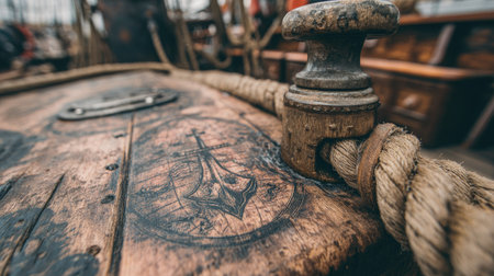An aged wooden ship deck is shown with a rope wrapped around a bollard. The scene displays a textured surface and intricate details, enhanced by warm lighting. The composition evokes a sense of maritime history, suitable for a variety of commercial and editorial projects. The image presents a close-up view with soft focus.の素材