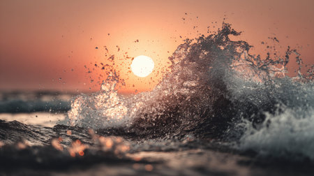 A dynamic image captures a wave cresting, its water droplets illuminated by the setting sun. The composition features warm hues of orange and gold against the darker tones of the ocean. This photograph showcases natural elements and could be suitable for various editorial or commercial projects.の素材