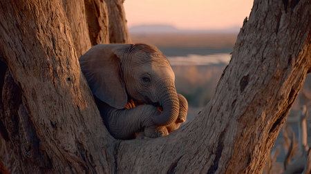 An elephant calf is nestled securely in the hollow of a large tree. Warm hues of orange and brown dominate the scene, indicating a sunset or sunrise. The soft lighting and natural textures suggest an outdoor environment suitable for wildlife documentation or conservation projects.の素材