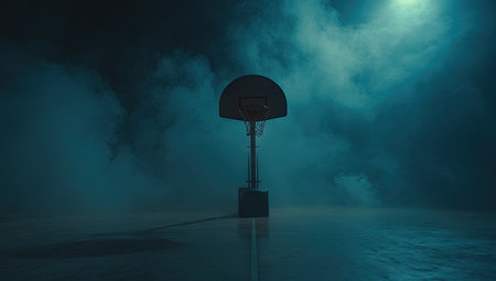 A basketball hoop stands alone, lit dramatically in smoky darkness. Court lines visibleの素材