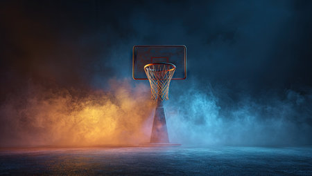 A basketball hoop bathed in orange and blue smoke, set against a dark, hazy backgroundの素材