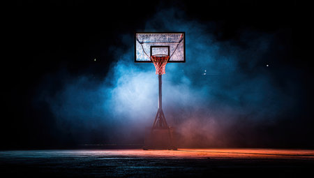 A basketball hoop illuminated amidst a smoky atmosphere at night. Dramatic, stark and moodyの素材
