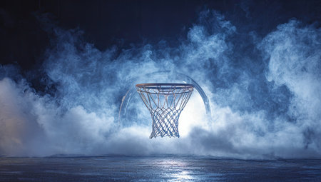 A basketball hoop glows with ethereal light and is shrouded in atmospheric smokeの素材
