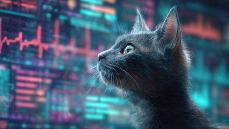 A grey cat gazes intently at a complex, glowing digital interface with dataの素材