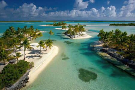 Aerial view of several small tropical islands with palm trees and turquoise waterの素材