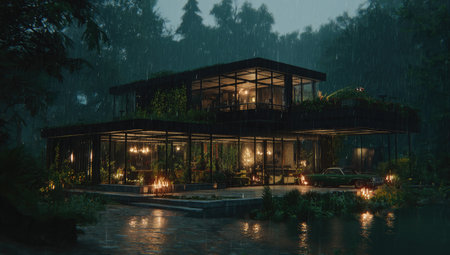 Modern, two-story glass home, surrounded by lush forest in the rain, lights glowingの素材