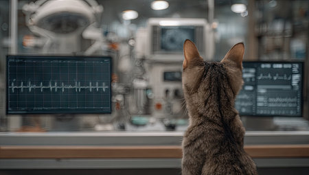 Cat observes monitors in what appears to be a high-tech medical environmentの素材