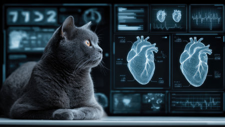 A grey cat gazes at medical data displays, showcasing anatomical heart imageryの素材