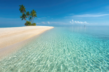 Tropical islet with white sand, palm trees, and crystal clear turquoise waterの素材