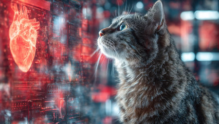 A curious cat gazes at a glowing, digital anatomical heart projectionの素材