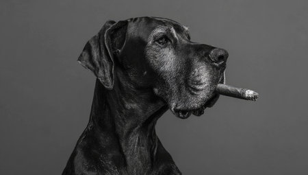 Monochrome portrait of a Great Dane holding a cigar, posed against a solid backgroundの素材
