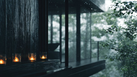 Modern wooden structure enveloped in rain, with candles, trees, and reflective glassの素材