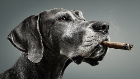 Gray dog with a cigar in its mouth, exhaling smoke, against a neutral backgroundの素材