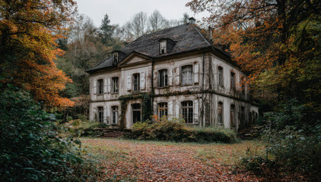 Decaying two-story house, surrounded by fall foliage, evoking abandonment and mysteryの素材