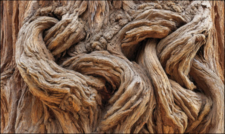 Close-up of a gnarled, textured tree trunk with twisted and knotted patternsの素材