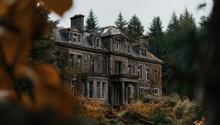 Dilapidated mansion, overgrown with vegetation, stands amidst autumn foliage, in a forestの素材