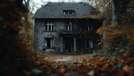 Dilapidated two-story house overgrown with ivy, surrounded by fall foliage and treesの素材