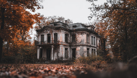 Dilapidated mansion with crumbling facade, surrounded by autumn foliage, evokes eerie atmosphereの素材