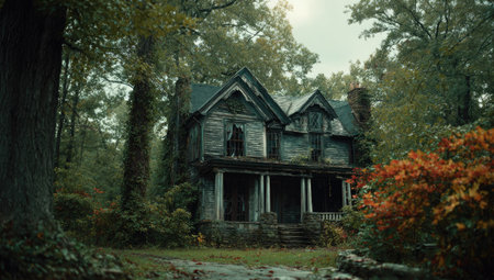Dilapidated two-story wooden house, overgrown, surrounded by autumn-toned foliage and treesの素材