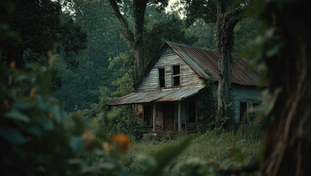 Dilapidated house with boarded windows and overgrown foliage framed by large treesの素材