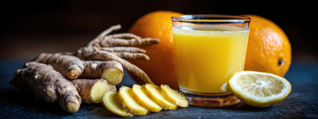 Vibrant still life with ginger, oranges, lemon, and a glass of juice. Includes sliced roots and citrusの素材