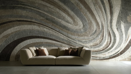 A beige sofa sits before a wall with abstract swirling design in muted earth tonesの素材