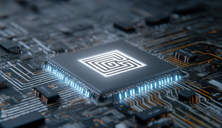 A close-up, glowing circuit board with a maze-like symbol embedded in the CPUの素材