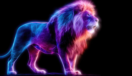 Neon lion glows vibrantly with a mane of brilliant color against a stark, black backgroundの素材