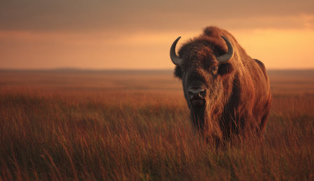A large bison stands majestically in tall grass as the sunset illuminates the prairieの素材