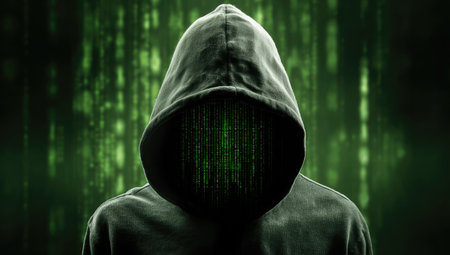 A figure in a hoodie has a face obscured by green, falling digital codeの素材