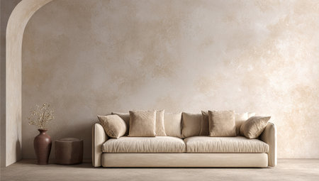 Serene interior with beige couch, vases, and textured walls. A calming and stylish spaceの素材
