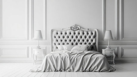 Elegant grayscale bedroom with button-tufted headboard, lamps, bedside tables, and draped beddingの素材
