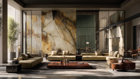 Modern living space with marble walls, plush couches, and large windows; refined aestheticの素材
