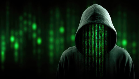 A person in a hoodie with face replaced by binary code, green data backdropの素材
