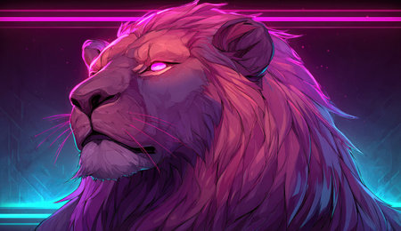 A majestic lion, glowing eyes, against a neon backdrop. Purple and blue hues dominateの素材