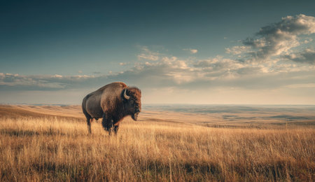 A majestic bison stands in a vast, golden prairie under a dramatic sky at dawn or duskの素材