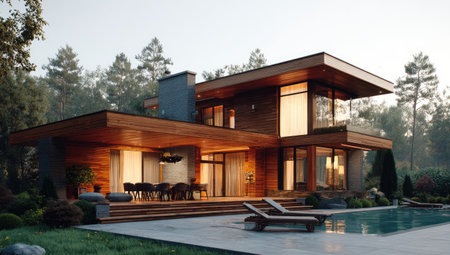 Modern home with wood &amp; glass facade, pool, and patio in lush green settingの素材